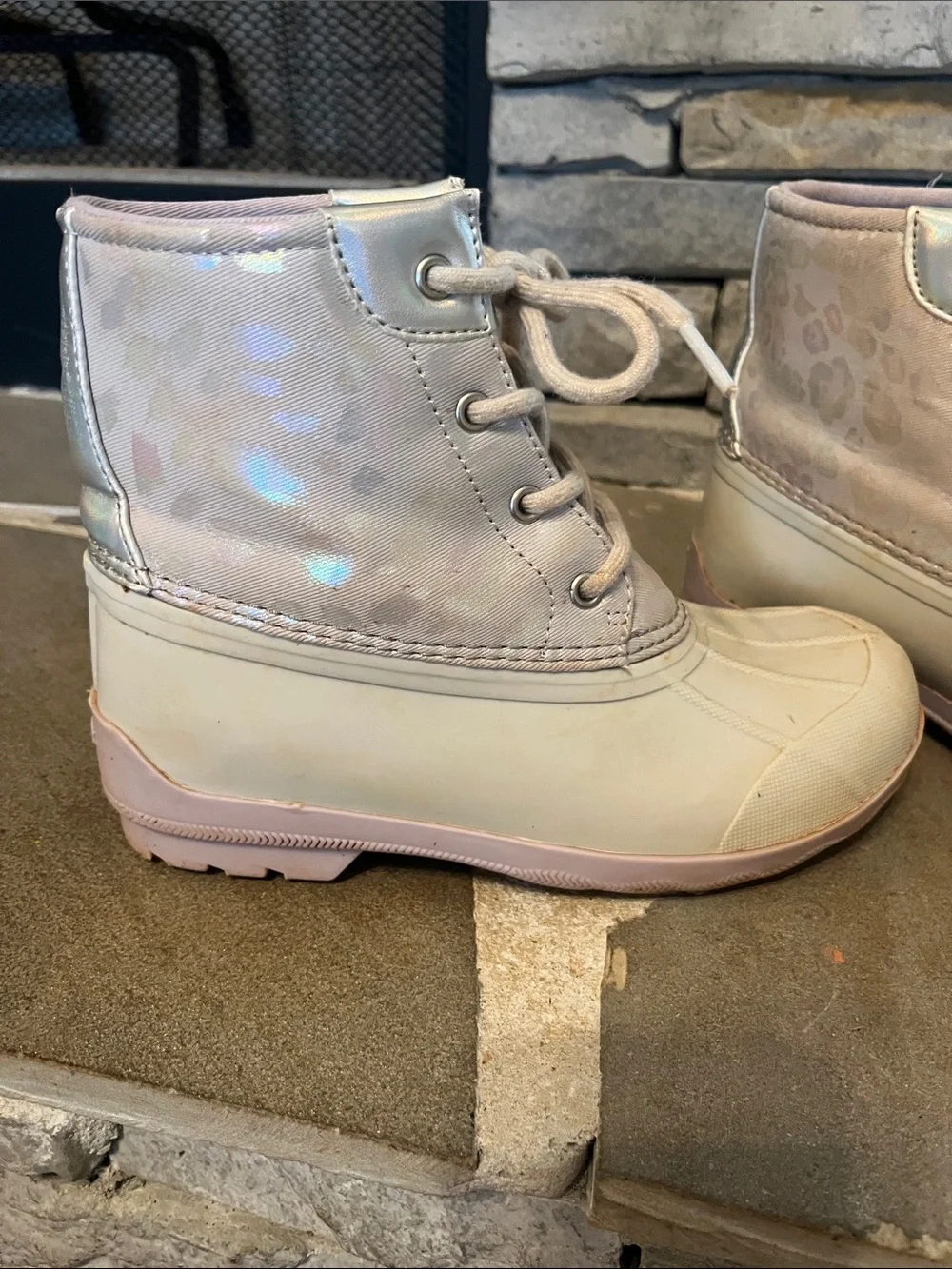 Sperry Iridescent Light Pink and Cream Duck Boots